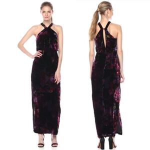 Aidan Mattox Floral Printed Velvet Halter Gown Maxi Dress Slit Size 2 NEW $265